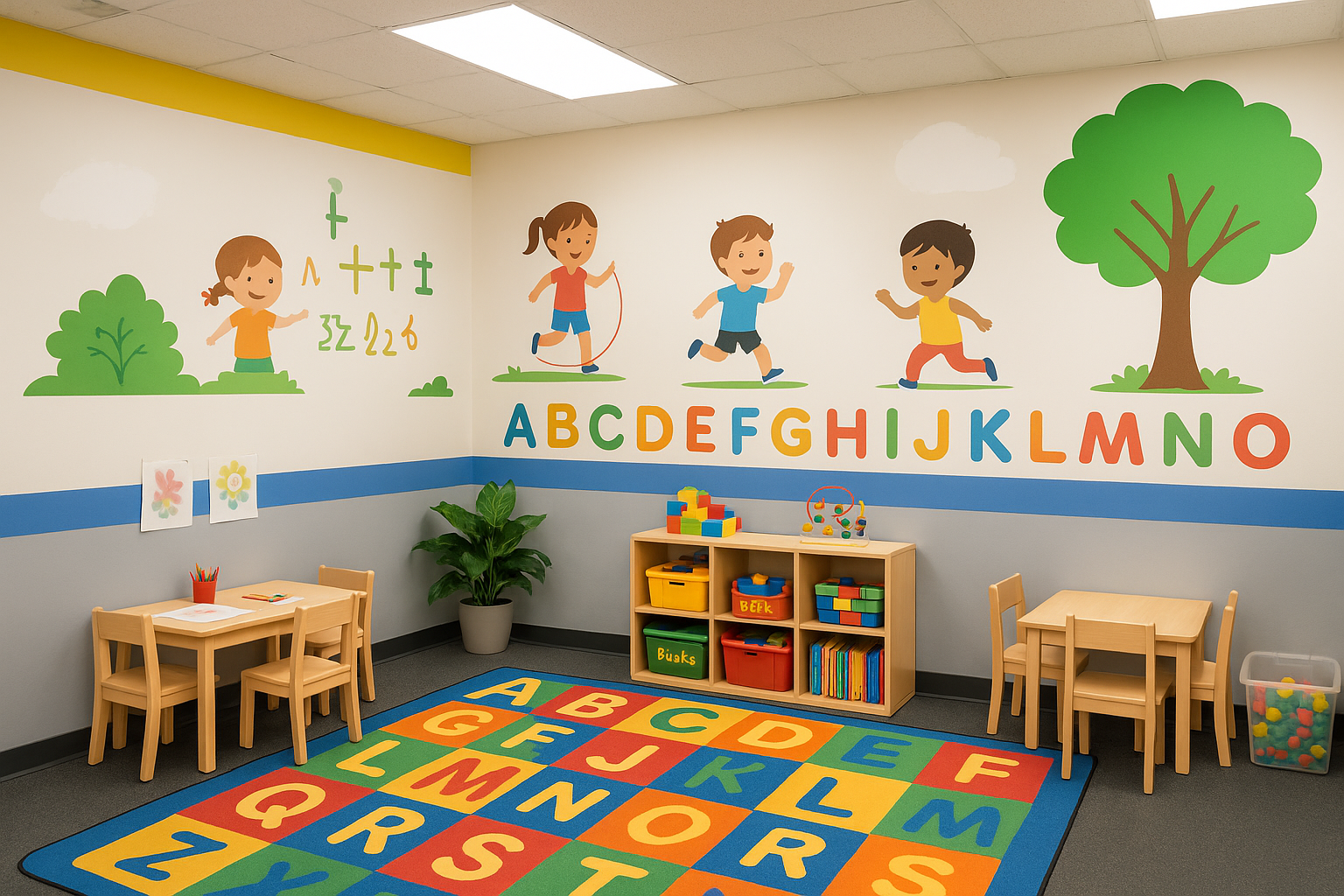 Kid’s Room with colorful alphabet rug, toys and child-sized tables