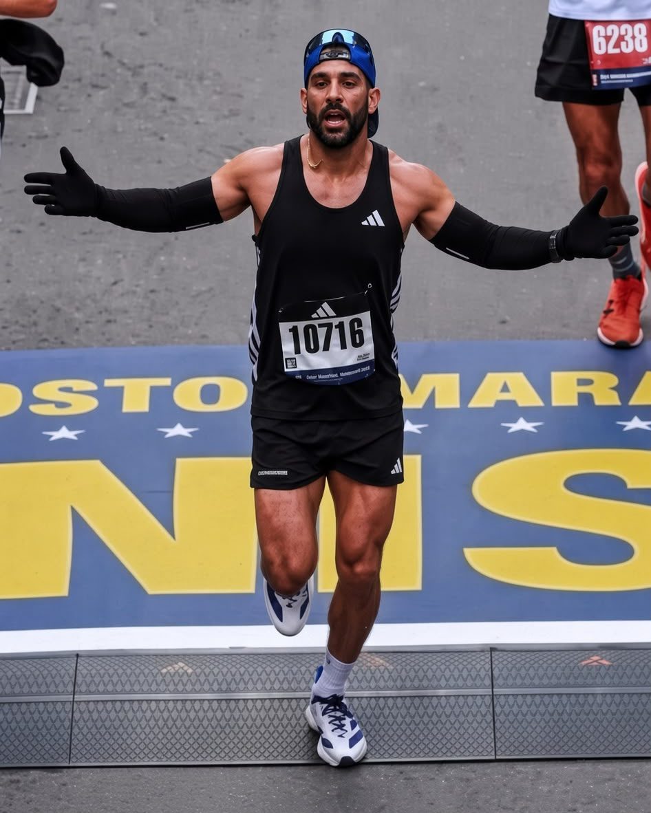 Evolve by L1G member crossing the Boston Marathon finish line