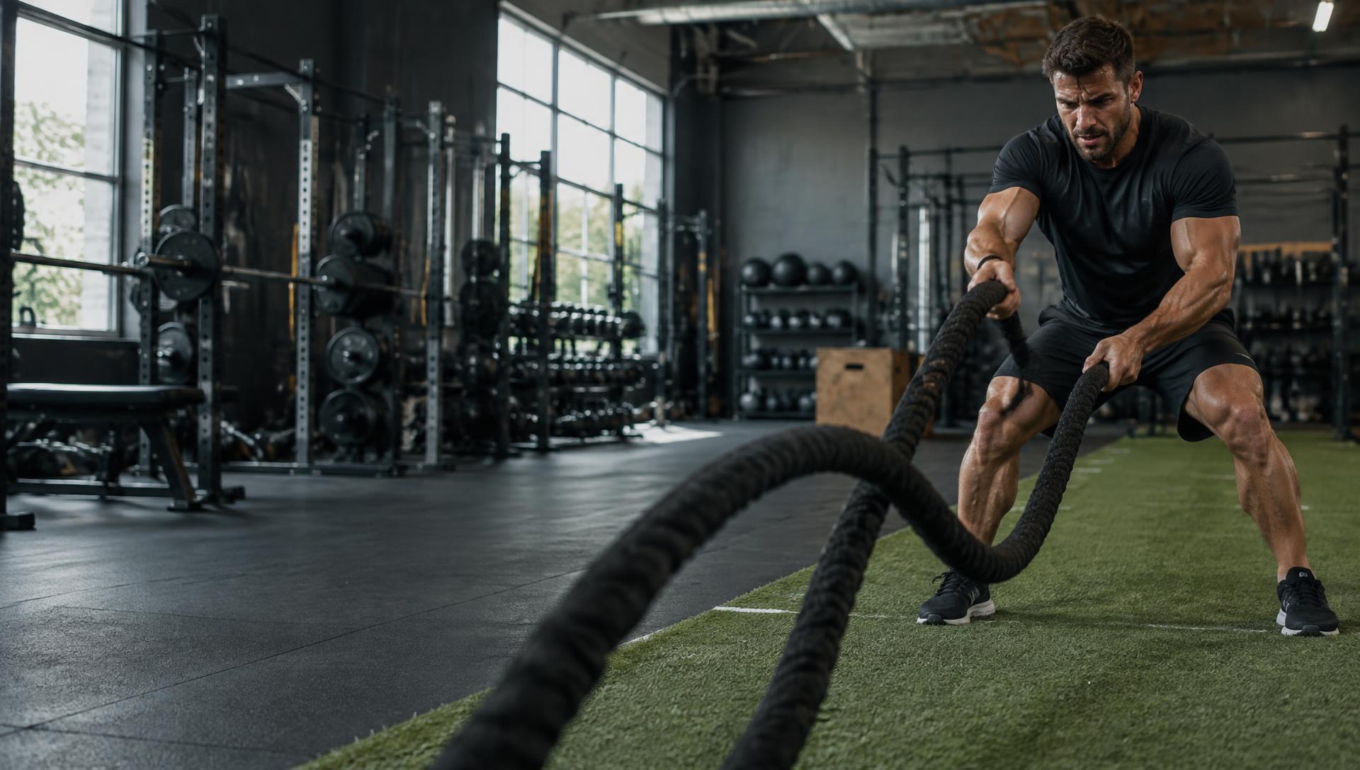 Athlete training with battle ropes on indoor agility turf